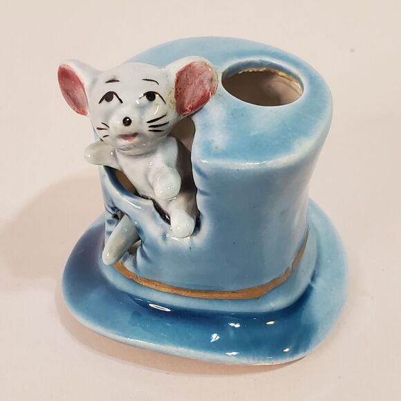 Vintage Mouse in Top Hat Toothpick Holder Figurine Japan Ceramic Kitsch Blue 2" - Picture 2 of 5